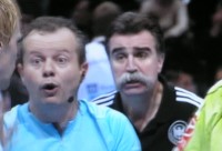 DHB-Trainer Heiner Brand war au�er sich  �ber die Leistung der slowenischen Unparteiischen Krstic / Ljubic.