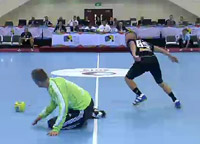 Kampf um den Ball auf H�he der Mittellinie: Thierry Omeyer und Fabio Vanini.