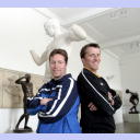 Ungew�hnlicher Schauplatz eines Tischtennis-Duells zweier Weltklasse-Spieler: J�rg Rosskopf (GER, rechts) und Jan-Ove Waldner (SWE, links) trafen in der Kunsthalle Kiel aufeinander.